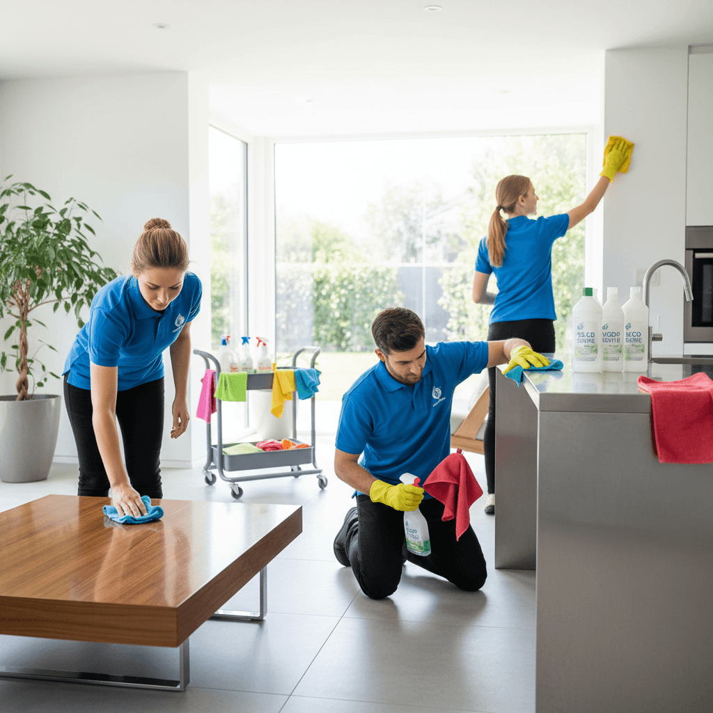 Equipo profesional de limpieza en hogar moderno