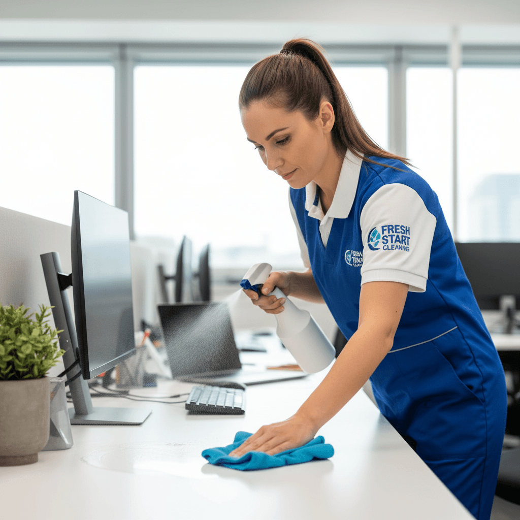 Professional cleaner working on office surfaces