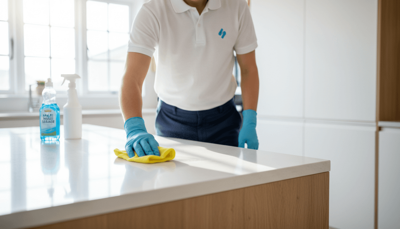 Professional cleaner polishing a kitchen countertop with microfiber cloth in bright natural light